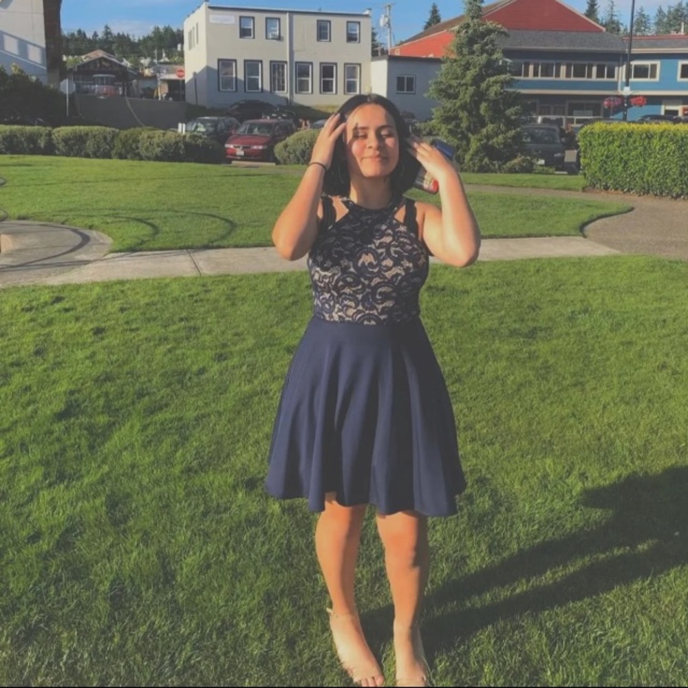 Macy’s formal cream & dark blue fit & flare dress
